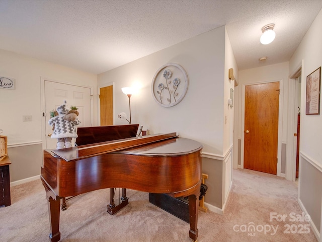 misc room with light colored carpet and a textured ceiling