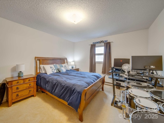 carpeted bedroom featuring a textured ceiling