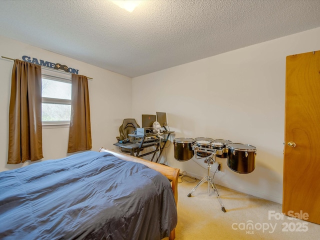 carpeted bedroom with a textured ceiling