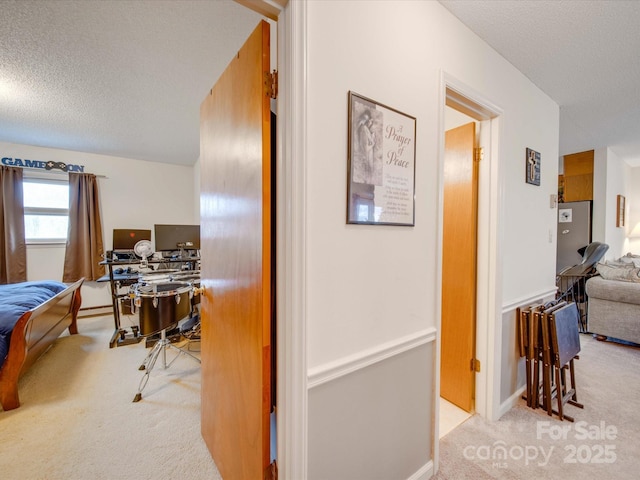 hall featuring light colored carpet and a textured ceiling