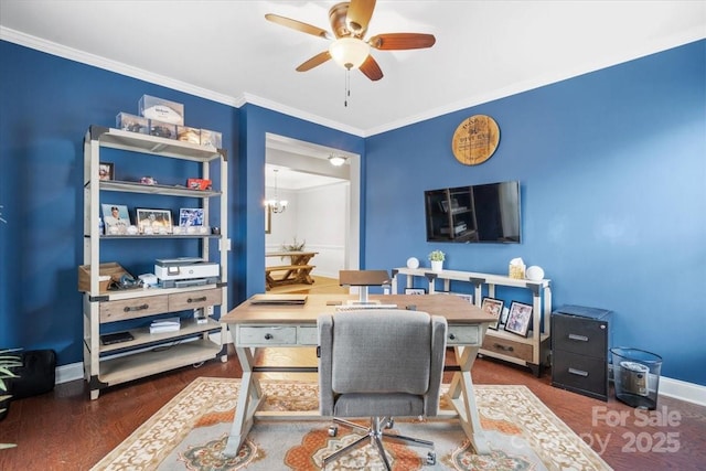 office with crown molding, dark wood-type flooring, and ceiling fan with notable chandelier