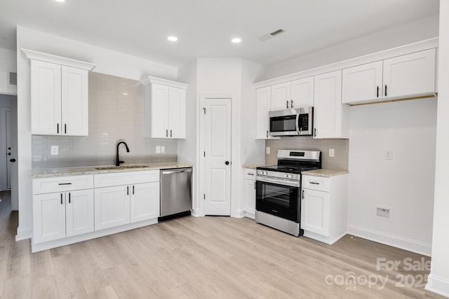 kitchen with sink, white cabinetry, stainless steel appliances, decorative backsplash, and light wood-type flooring