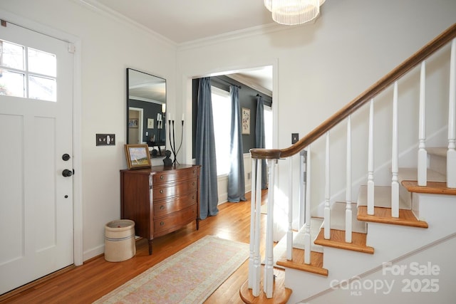 foyer entrance featuring plenty of natural light, ornamental molding, and light wood-type flooring