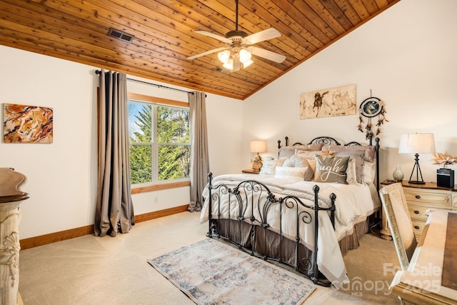 carpeted bedroom featuring vaulted ceiling, wooden ceiling, and ceiling fan