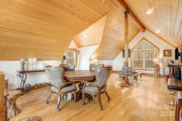 dining space featuring wooden ceiling, lofted ceiling with beams, and light wood-type flooring