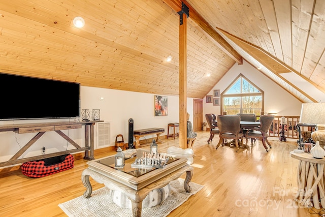 interior space featuring hardwood / wood-style flooring, wooden ceiling, and vaulted ceiling with beams