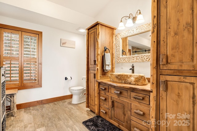 bathroom featuring baseboards, wood finished floors, vanity, and toilet