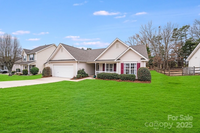 view of front of home featuring a garage, a porch, and a front lawn