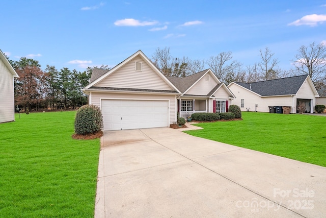 ranch-style house featuring a garage and a front yard