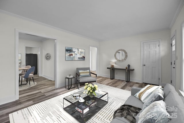 living room with crown molding and dark wood-type flooring