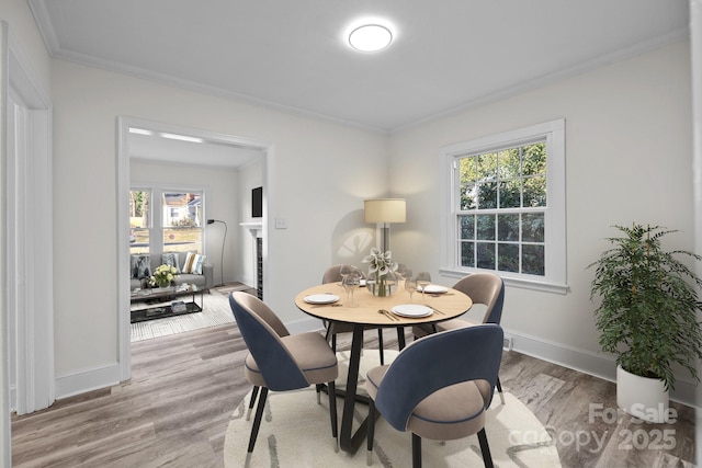 dining area with crown molding and light hardwood / wood-style floors