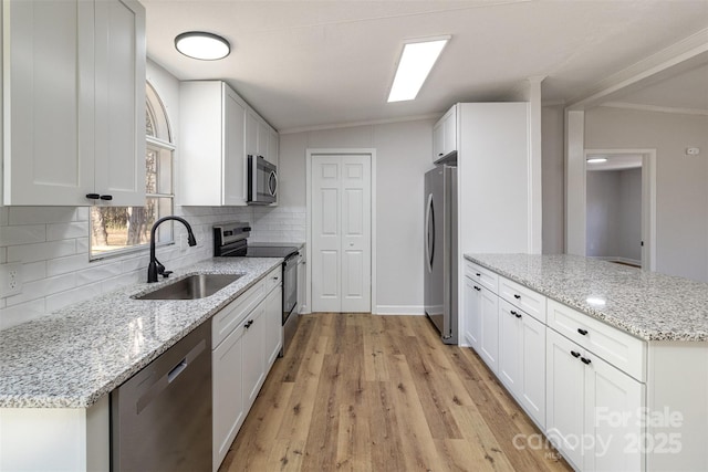 kitchen with stainless steel appliances, sink, and white cabinets