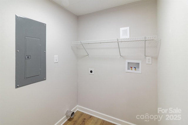 washroom with washer hookup, hardwood / wood-style floors, electric panel, and electric dryer hookup