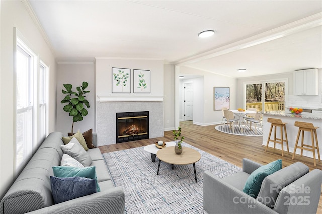 living room with ornamental molding, a wealth of natural light, light hardwood / wood-style flooring, and a tile fireplace