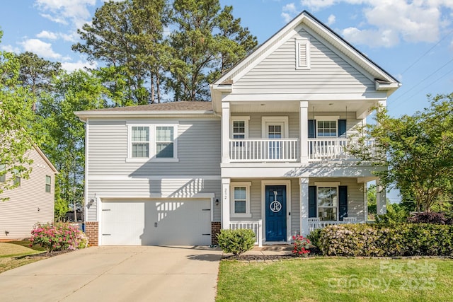 232 Morgans Branch Rd, Belmont, NC 28012 - view of front of home with a balcony, a front lawn, driveway, a porch, and a garage