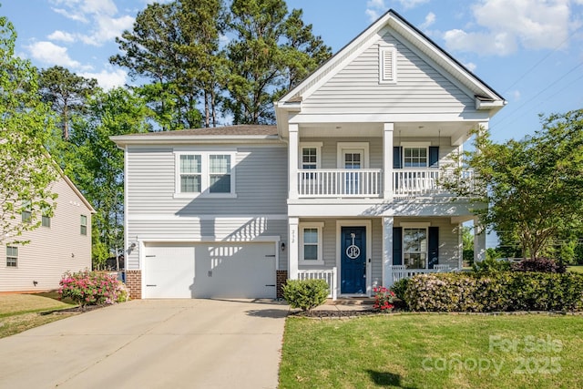 232 Morgans Branch Rd, Belmont, NC 28012 - view of front of property with driveway, covered porch, an attached garage, a balcony, and a front yard
