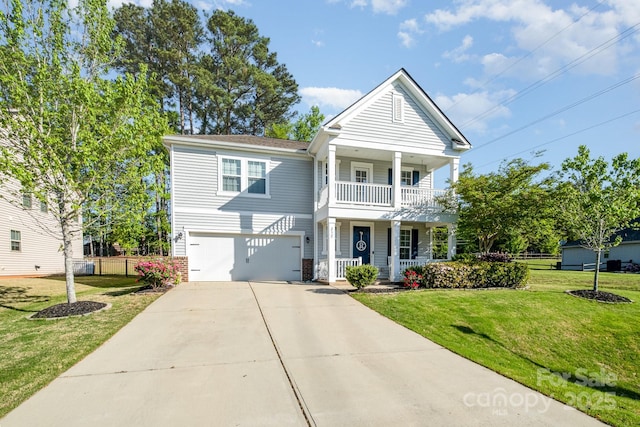 232 Morgans Branch Rd, Belmont, NC 28012 - view of front of house with a balcony, a front lawn, driveway, covered porch, and a garage
