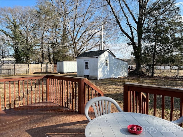 deck with a storage shed