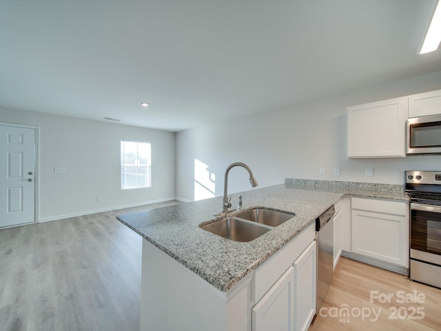 kitchen featuring stainless steel appliances, sink, white cabinets, and kitchen peninsula