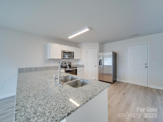 kitchen featuring light hardwood / wood-style flooring, stainless steel appliances, light stone counters, white cabinets, and kitchen peninsula