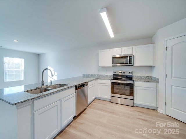 kitchen with appliances with stainless steel finishes, kitchen peninsula, sink, and white cabinets