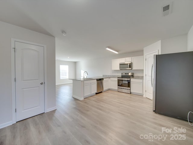 kitchen with light hardwood / wood-style flooring, kitchen peninsula, white cabinets, and appliances with stainless steel finishes