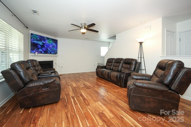 living room featuring ceiling fan and wood-type flooring