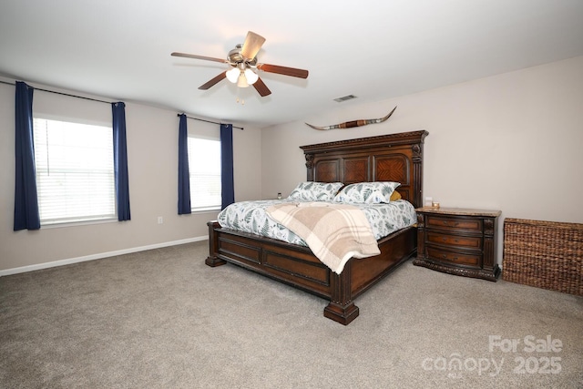 carpeted bedroom featuring ceiling fan