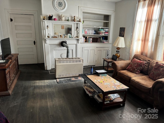 living room featuring dark wood-type flooring