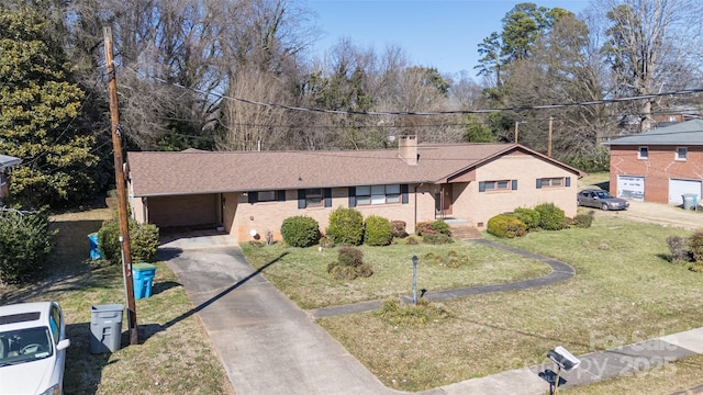 ranch-style home featuring a garage, concrete driveway, a front lawn, and a chimney