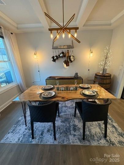 dining space with coffered ceiling, dark hardwood / wood-style floors, and crown molding