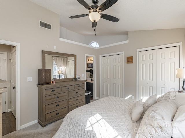 carpeted bedroom with lofted ceiling, multiple closets, multiple windows, and ceiling fan