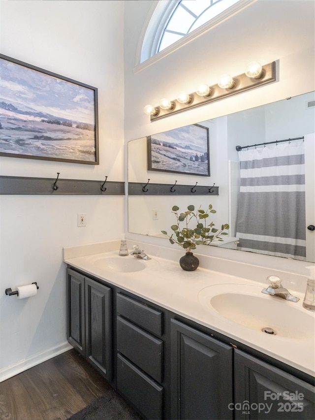 full bath featuring double vanity, a sink, and wood finished floors