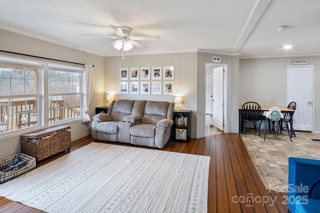 living room featuring hardwood / wood-style flooring, ceiling fan, and crown molding