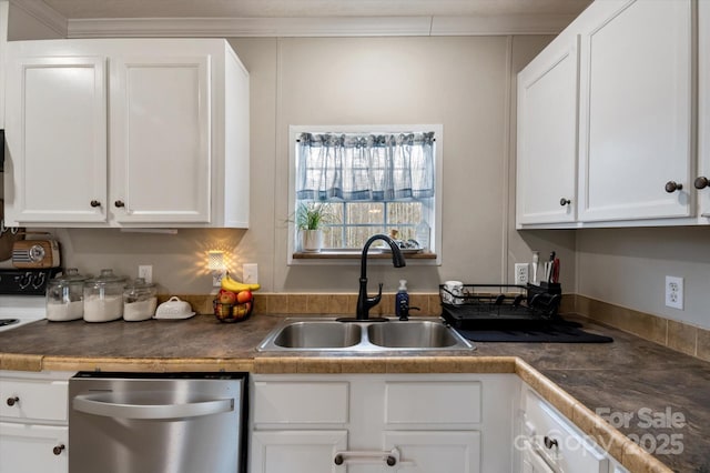 kitchen with ornamental molding, sink, stainless steel dishwasher, and white cabinets