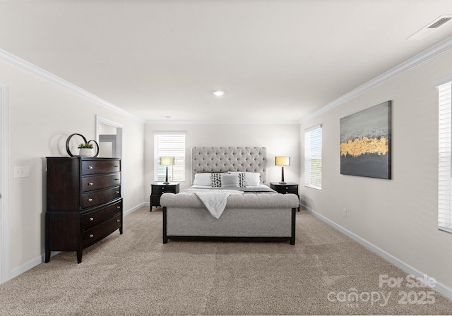 bedroom featuring crown molding and light colored carpet