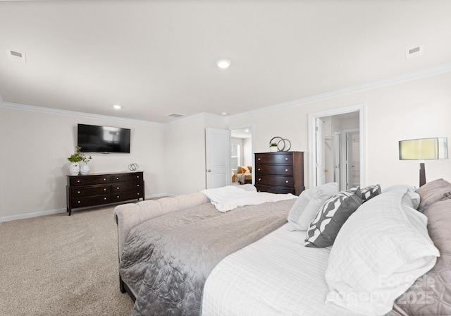 carpeted bedroom with ornamental molding