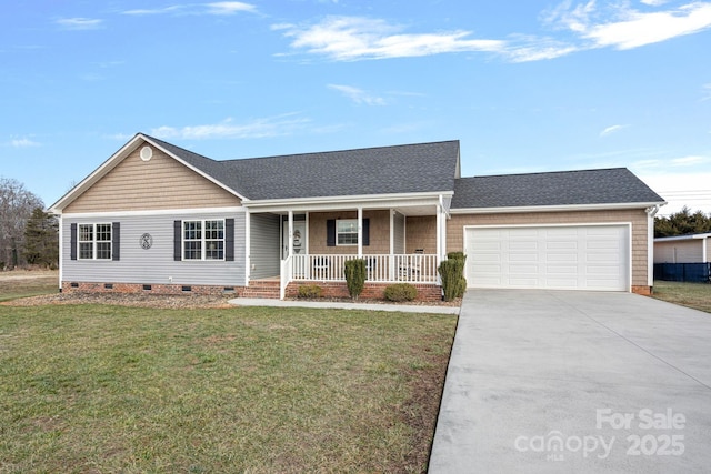 ranch-style house with a porch, a garage, and a front lawn