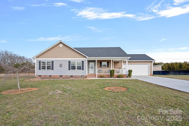 single story home with a garage, a front yard, and a porch