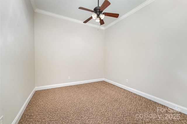 empty room with crown molding, ceiling fan, and carpet