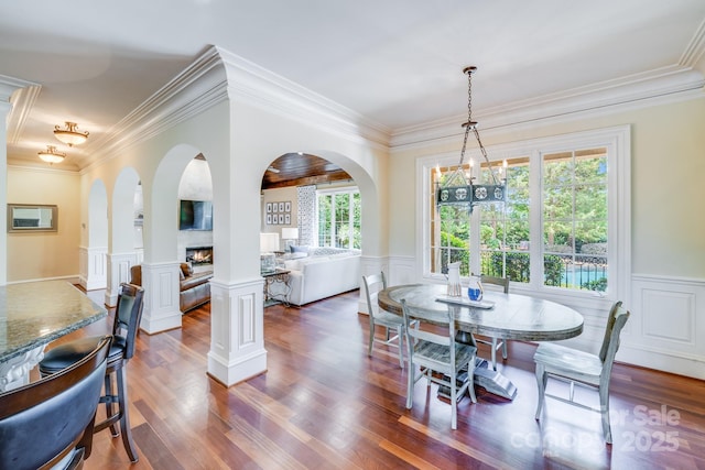 dining room with crown molding, dark hardwood / wood-style floors, and a wealth of natural light