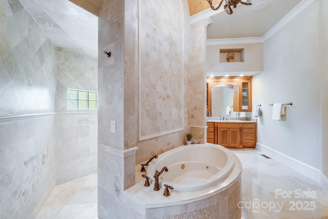 bathroom featuring crown molding, vanity, and plus walk in shower