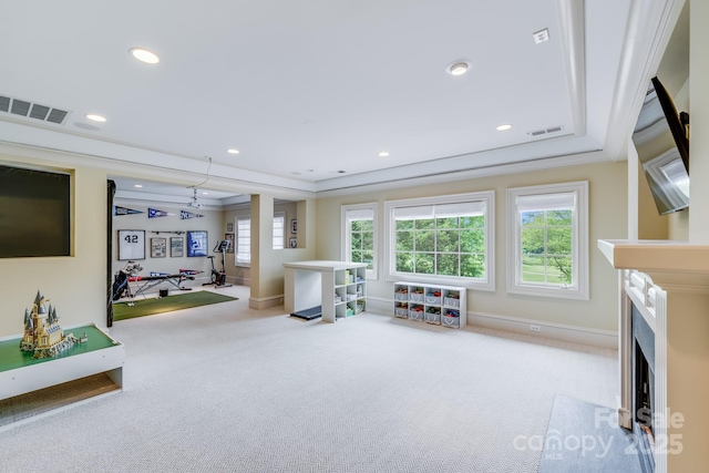 carpeted living room featuring crown molding and a raised ceiling