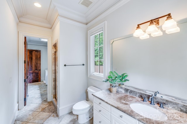 bathroom with crown molding, vanity, toilet, and an enclosed shower