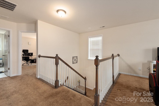 staircase featuring carpet