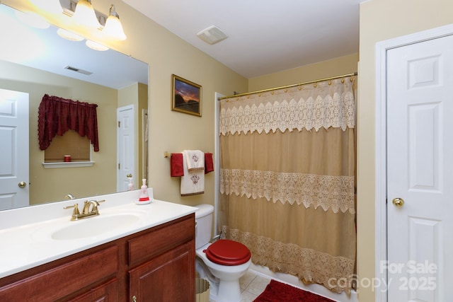 bathroom with walk in shower, vanity, toilet, and tile patterned flooring