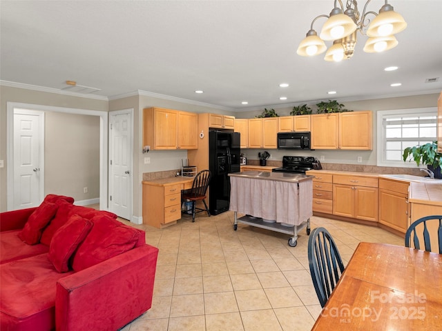 kitchen featuring sink, hanging light fixtures, ornamental molding, black appliances, and light brown cabinets