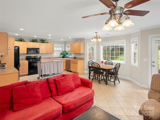 living room featuring light tile patterned flooring, ceiling fan, and crown molding