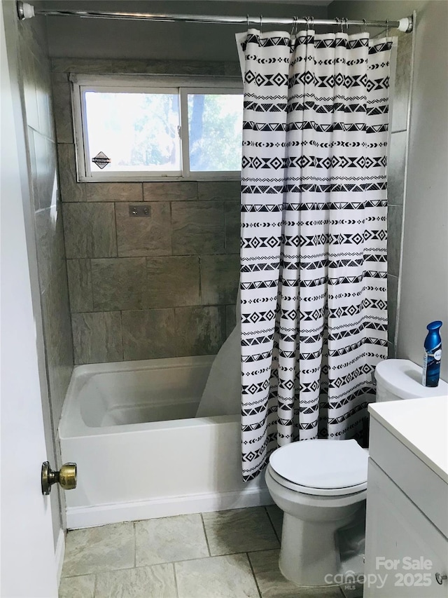 full bathroom with vanity, toilet, and shower / bath combo with shower curtain