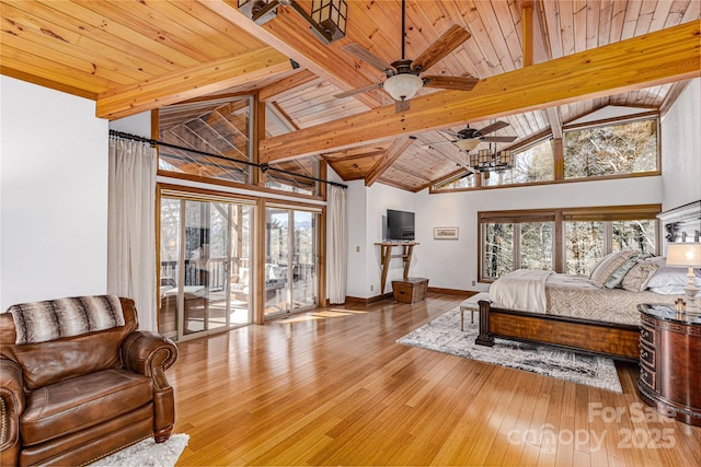 bedroom featuring multiple windows, access to exterior, hardwood / wood-style flooring, and wood ceiling